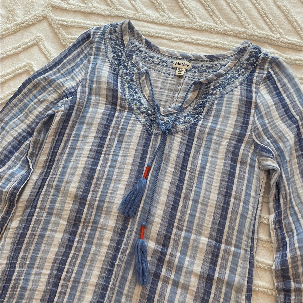 Hatley Blue & White Gauze Peasant Blouse with Tassel Ties